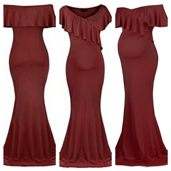 going 9/13: Molliya Burgundy Off The Shoulder Maternity Gown - Picture 1 of 6